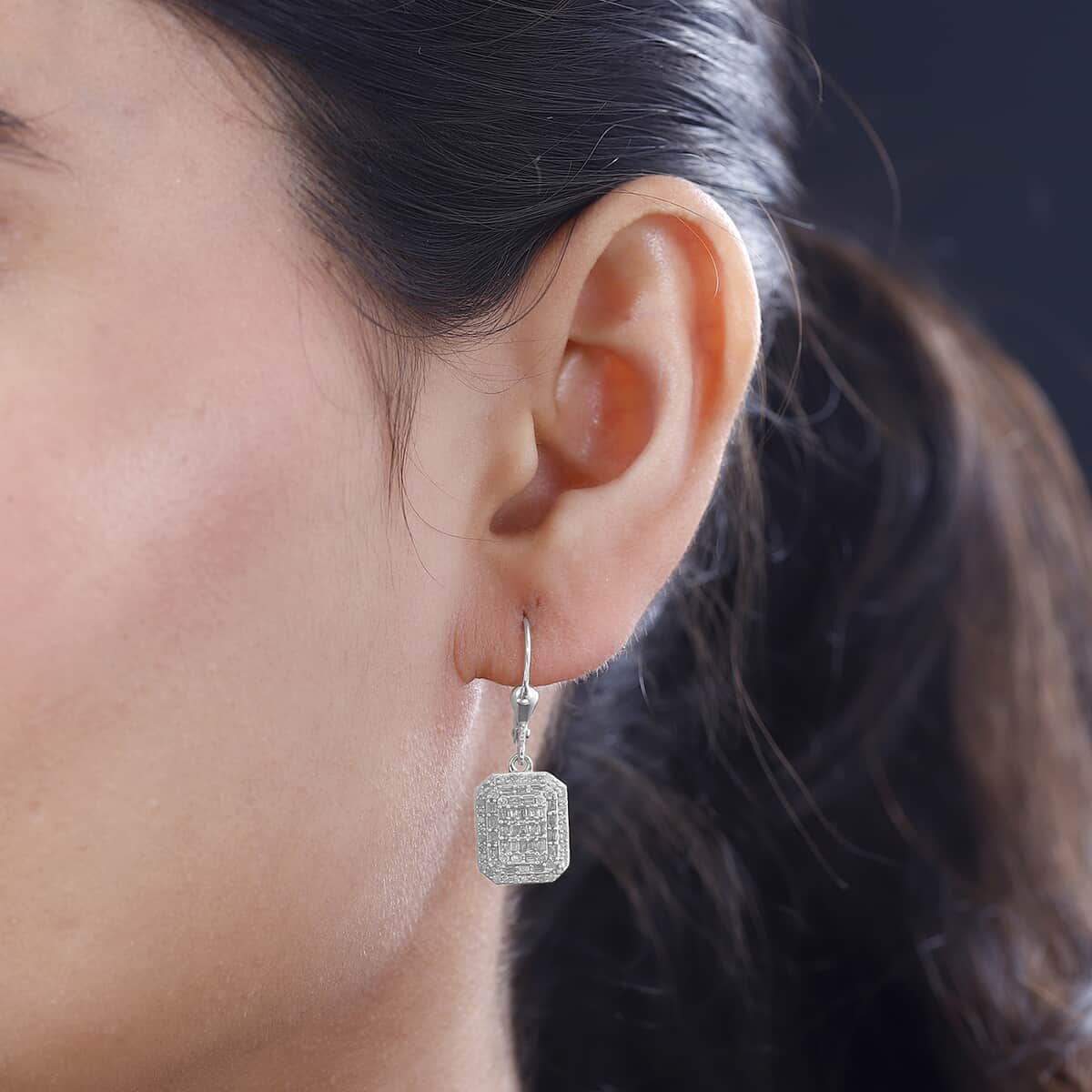 Diamond Lever Back Earrings in Rhodium Over Sterling Silver 1.00 ctw image number 2