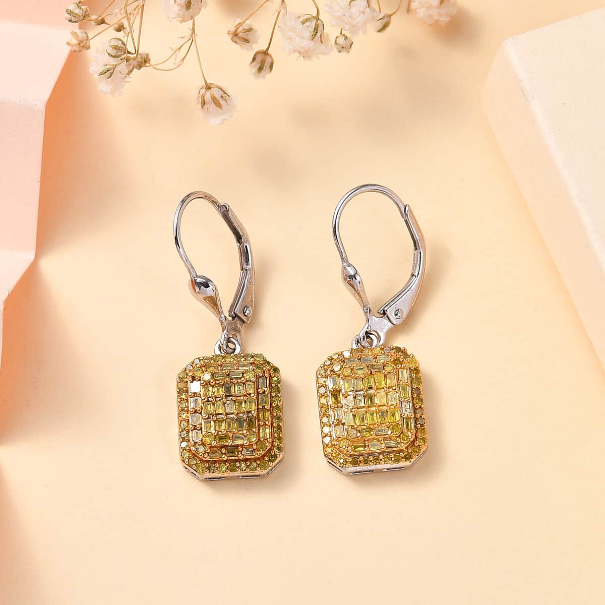 Yellow Diamond 1.00 ctw Lever Back Earrings in Rhodium Over Sterling Silver image number 1