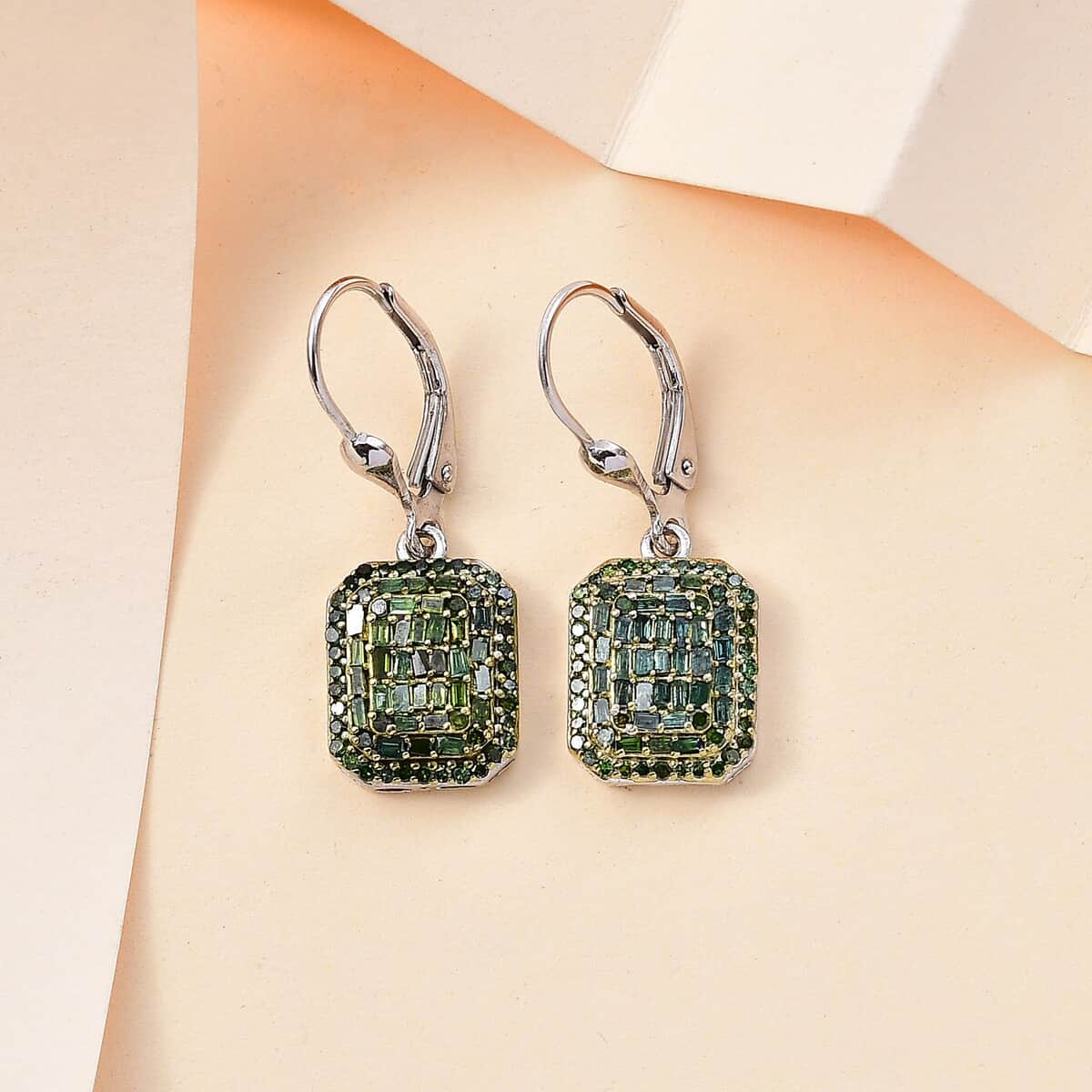 Green Diamond 1.00 ctw Lever Back Earrings in Rhodium Over Sterling Silver image number 1