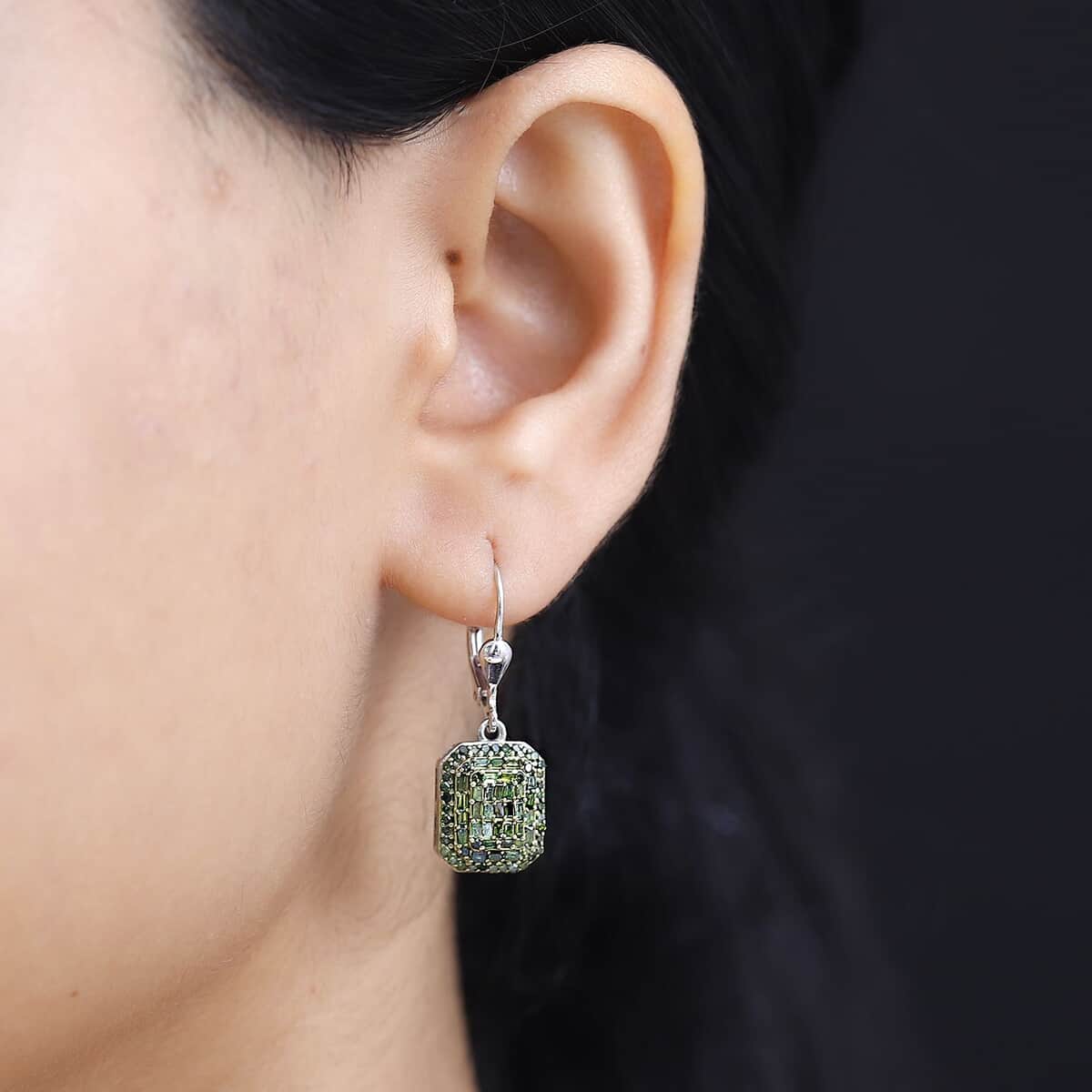 Green Diamond 1.00 ctw Lever Back Earrings in Rhodium Over Sterling Silver image number 2