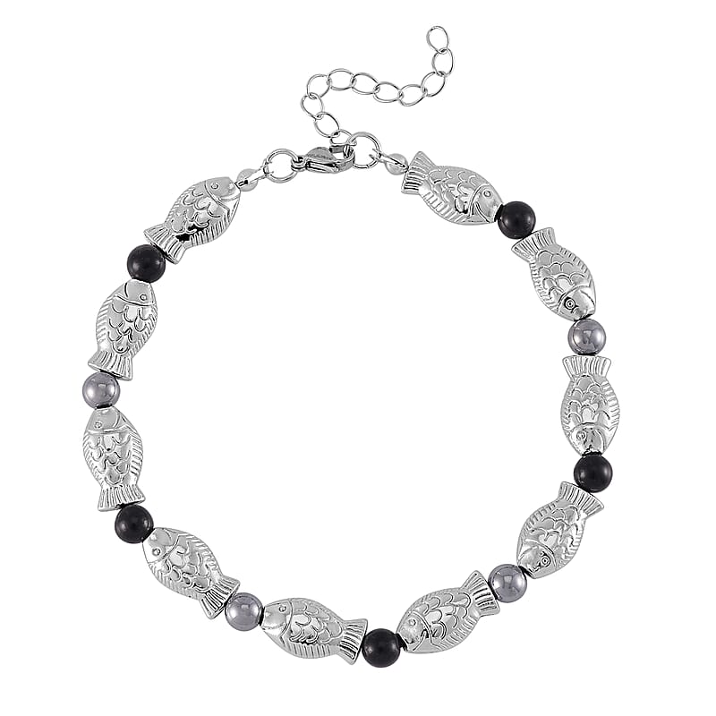 Terahertz, Shungite Beaded Fish Anklet in Silvertone (9.50-11.50In) 34.00 ctw