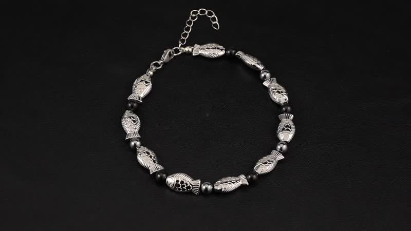 Terahertz, Shungite Beaded Fish Anklet in Silvertone (9.50-11.50In) 34.00 ctw