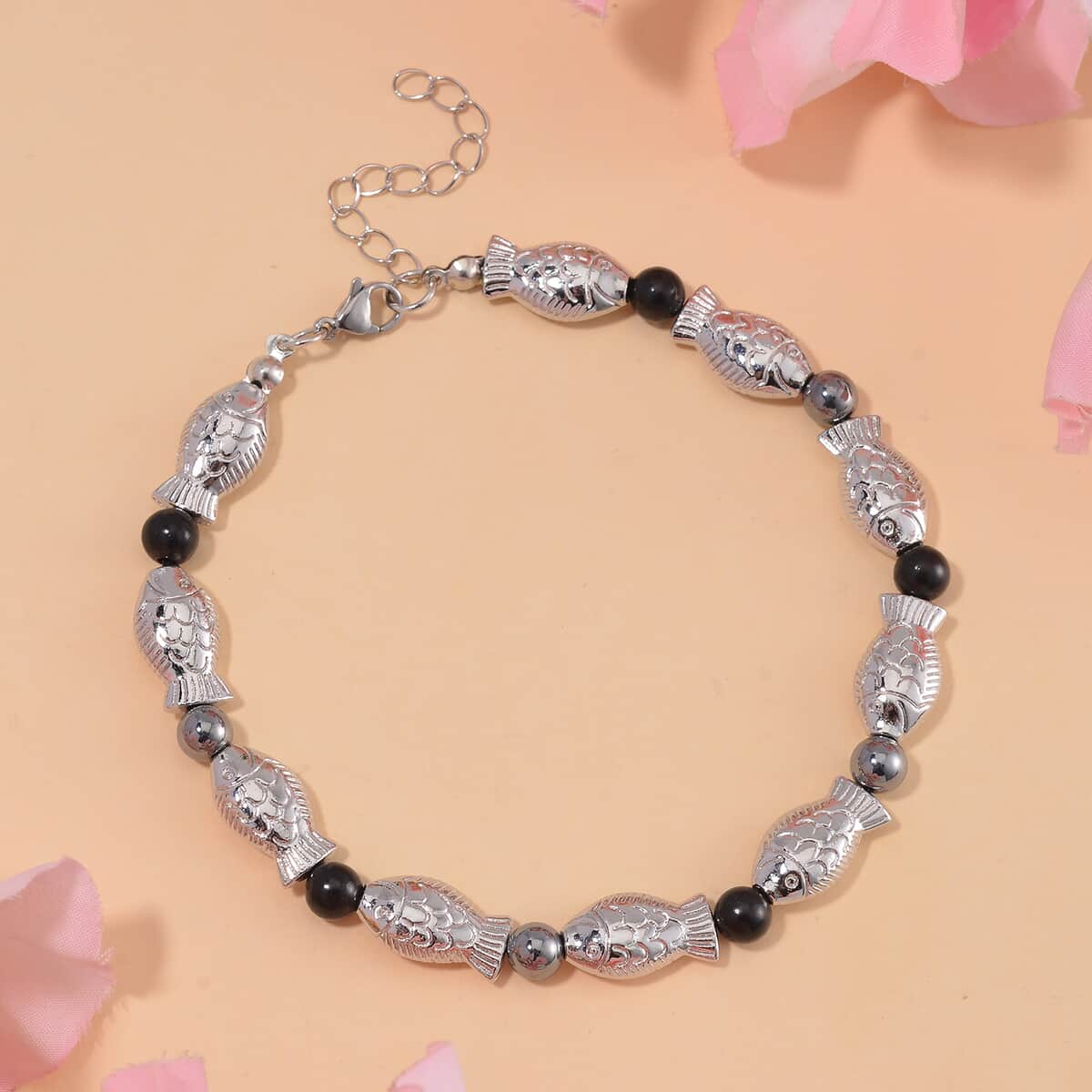 Terahertz, Shungite Beaded Fish Anklet in Silvertone (9.50-11.50In) 34.00 ctw image number 1