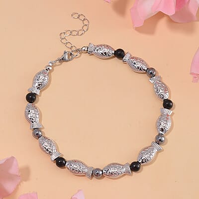 Terahertz, Shungite Beaded Fish Anklet in Silvertone (9.50-11.50In) 34.00 ctw