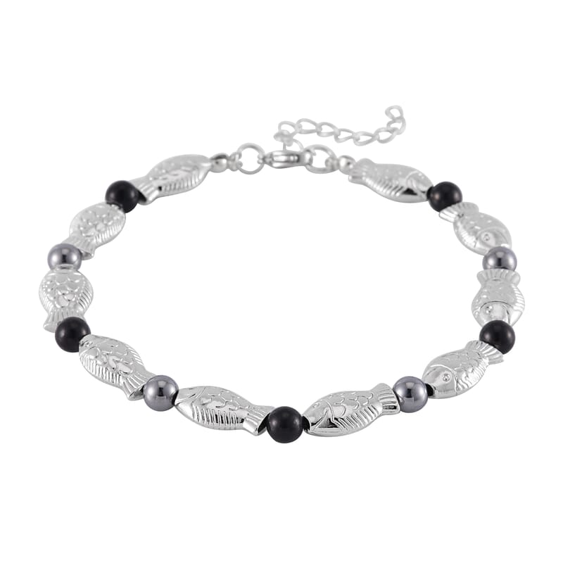 Terahertz, Shungite Beaded Fish Anklet in Silvertone (9.50-11.50In) 34.00 ctw