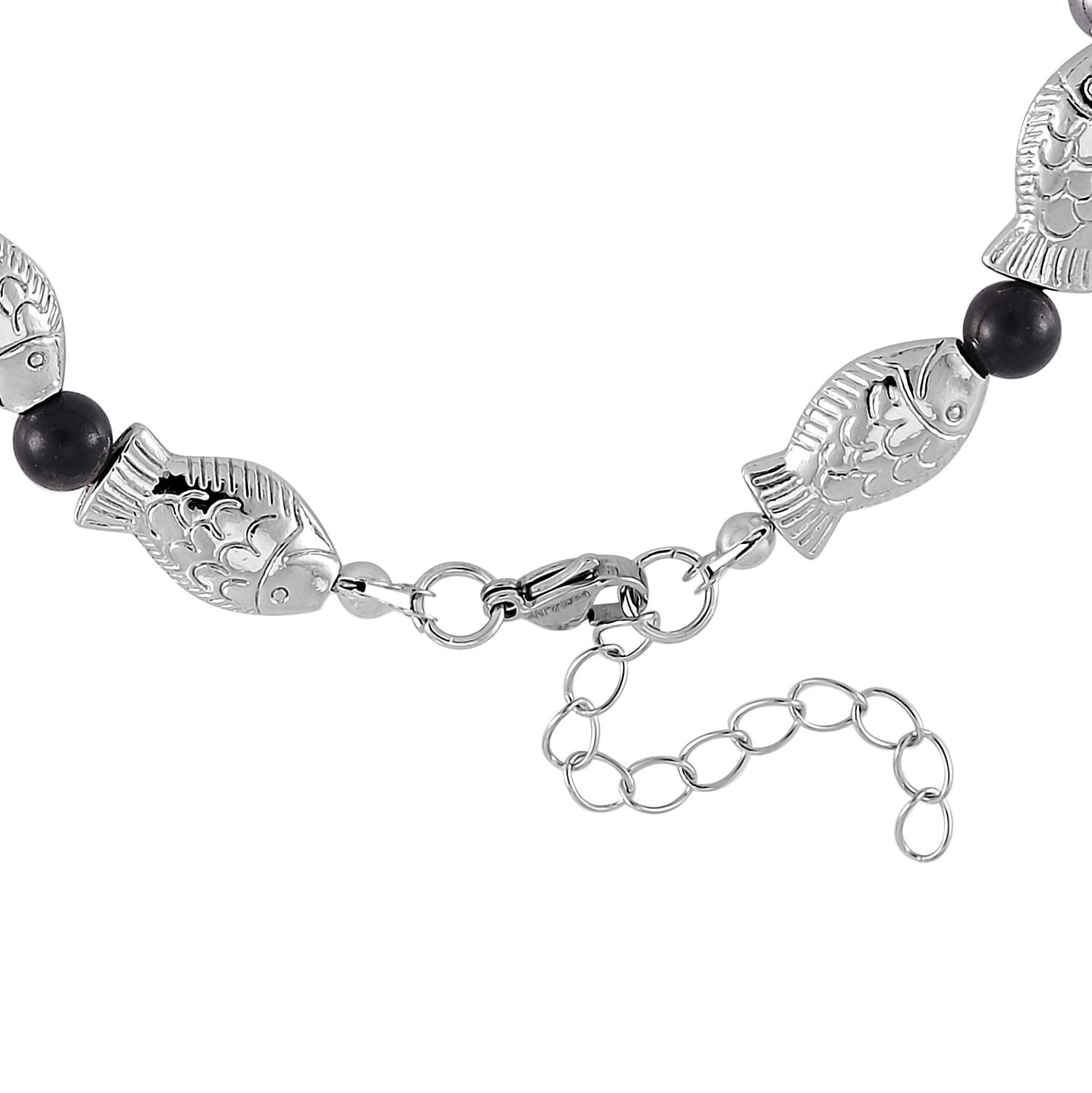Terahertz, Shungite Beaded Fish Anklet in Silvertone (9.50-11.50In) 34.00 ctw