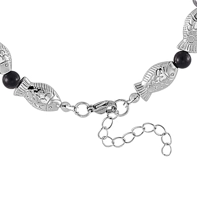 Terahertz, Shungite Beaded Fish Anklet in Silvertone (9.50-11.50In) 34.00 ctw