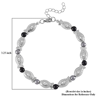 Terahertz, Shungite Beaded Fish Anklet in Silvertone (9.50-11.50In) 34.00 ctw
