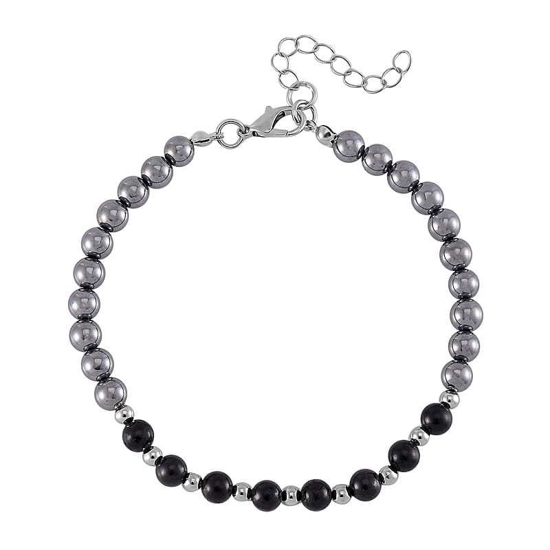 Terahertz and Shungite Beaded Anklet with Butterfly Charm in Silvertone and Stainless Steel (9.50-11.50In) 60.00 ctw
