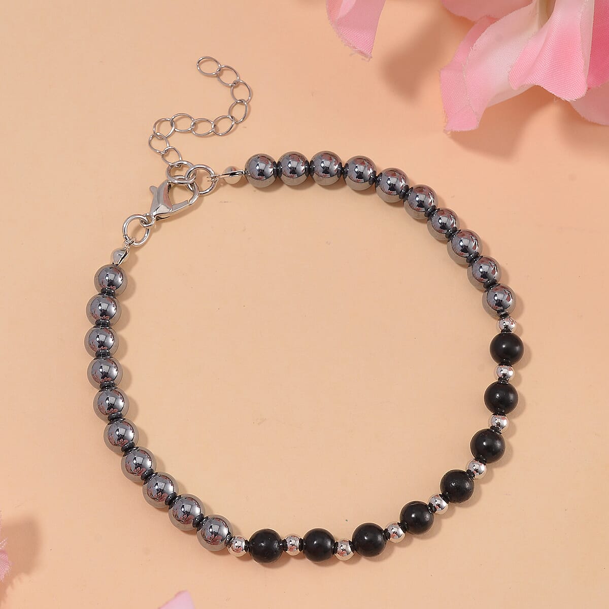 Terahertz and Shungite Beaded Anklet with Butterfly Charm in Silvertone and Stainless Steel (9.50-11.50In) 60.00 ctw image number 1