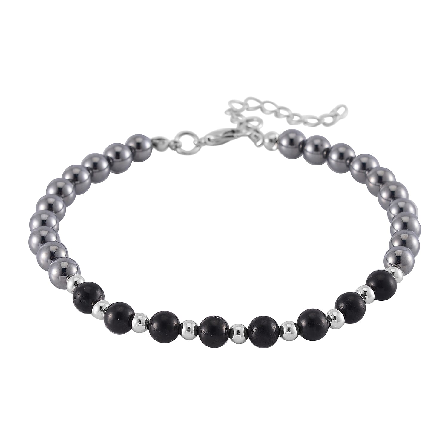 Terahertz and Shungite Beaded Anklet with Butterfly Charm in Silvertone and Stainless Steel (9.50-11.50In) 60.00 ctw