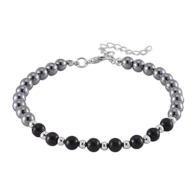 Terahertz and Shungite Beaded Anklet with Butterfly Charm in Silvertone and Stainless Steel (9.50-11.50In) 60.00 ctw