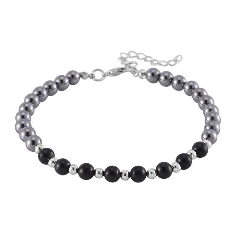 Terahertz and Shungite Beaded Anklet with Butterfly Charm in Silvertone and Stainless Steel (9.50-11.50In) 60.00 ctw