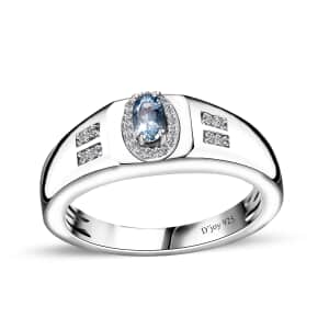 Santa Maria Aquamarine and White Zircon Men's Ring in Rhodium Over Sterling Silver (Size 10.0) 0.35 ctw