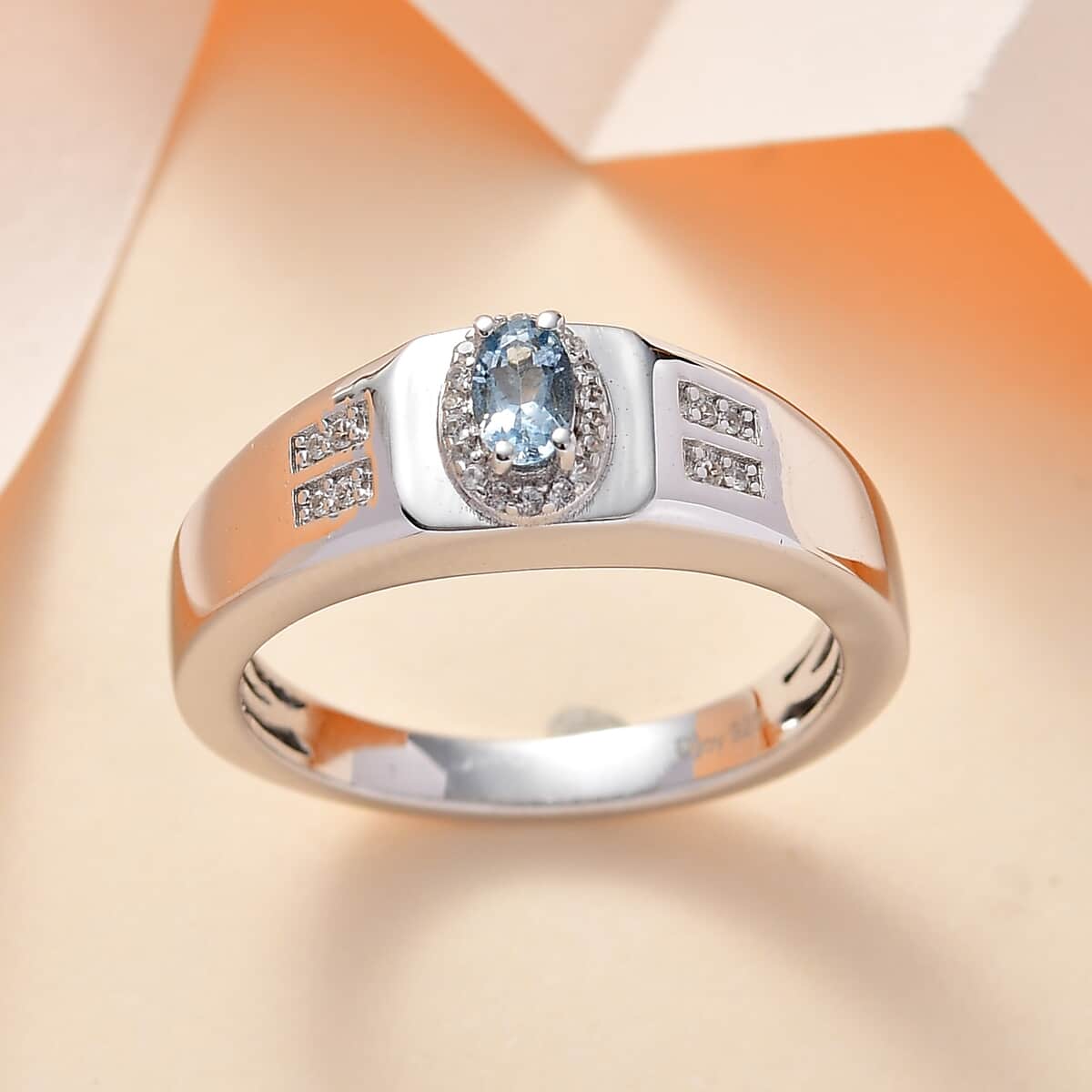 Santa Maria Aquamarine and White Zircon Men's Ring in Rhodium Over Sterling Silver (Size 10.0) 0.35 ctw image number 1