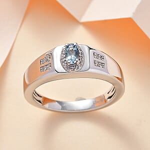 Santa Maria Aquamarine and White Zircon Men's Ring in Rhodium Over Sterling Silver (Size 10.0) 0.35 ctw