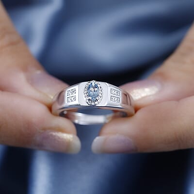 Santa Maria Aquamarine and White Zircon Men's Ring in Rhodium Over Sterling Silver (Size 10.0) 0.35 ctw