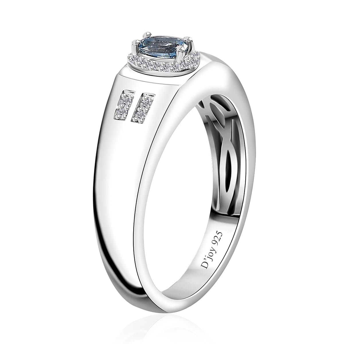 Santa Maria Aquamarine and White Zircon Men's Ring in Rhodium Over Sterling Silver (Size 10.0) 0.35 ctw