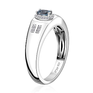 Santa Maria Aquamarine and White Zircon Men's Ring in Rhodium Over Sterling Silver (Size 10.0) 0.35 ctw