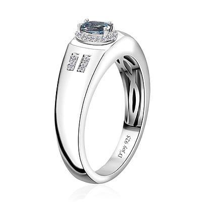 Santa Maria Aquamarine and White Zircon Men's Ring in Rhodium Over Sterling Silver (Size 10.0) 0.35 ctw