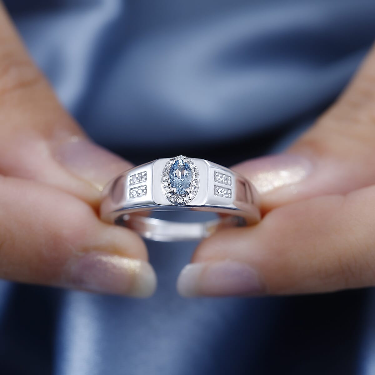 Santa Maria Aquamarine and White Zircon Men's Ring in Rhodium Over Sterling Silver (Size 9.0) 0.35 ctw image number 2