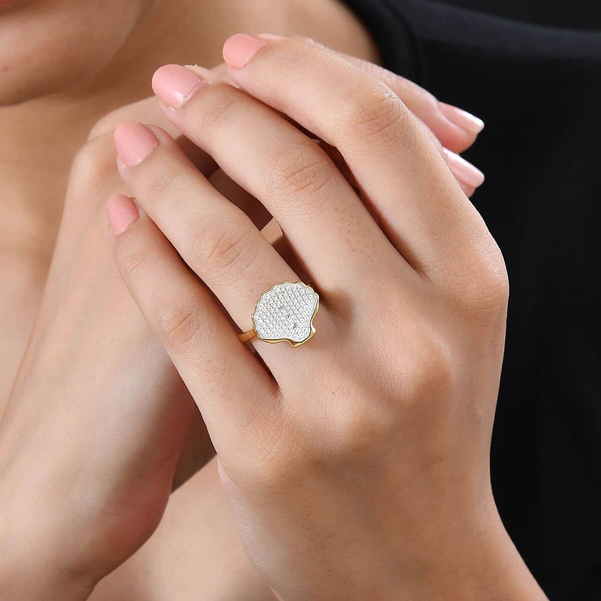Karis White Diamond Accent Shell Ring in 18K YG Plated and Platinum Bond (Size 10.0) image number 2
