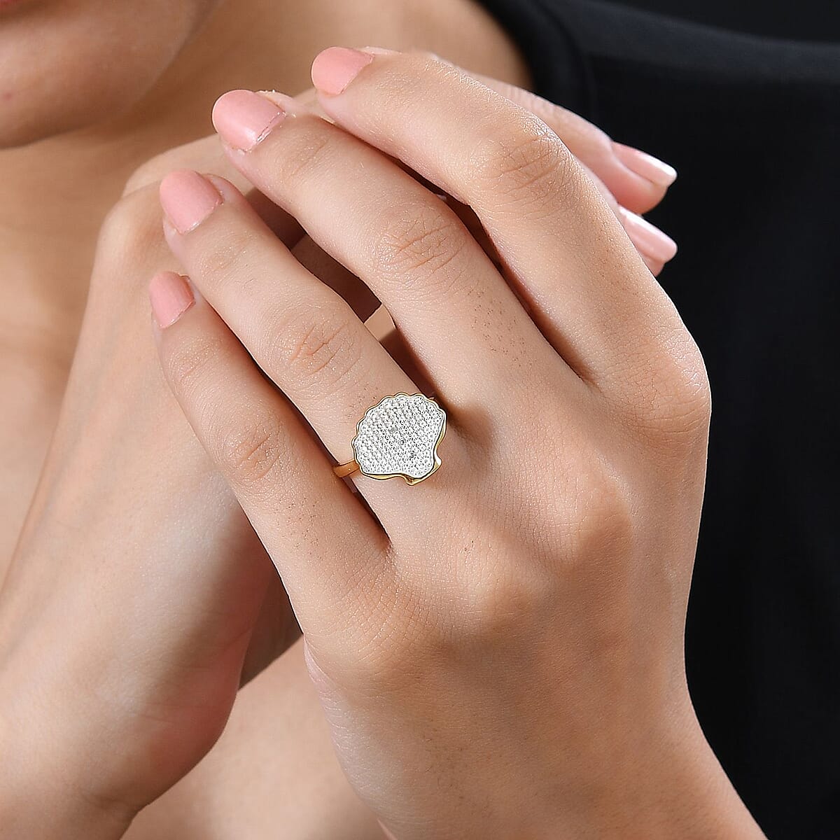 Karis White Diamond Accent Shell Ring in 18K YG Plated and Platinum Bond (Size 8.0) image number 2