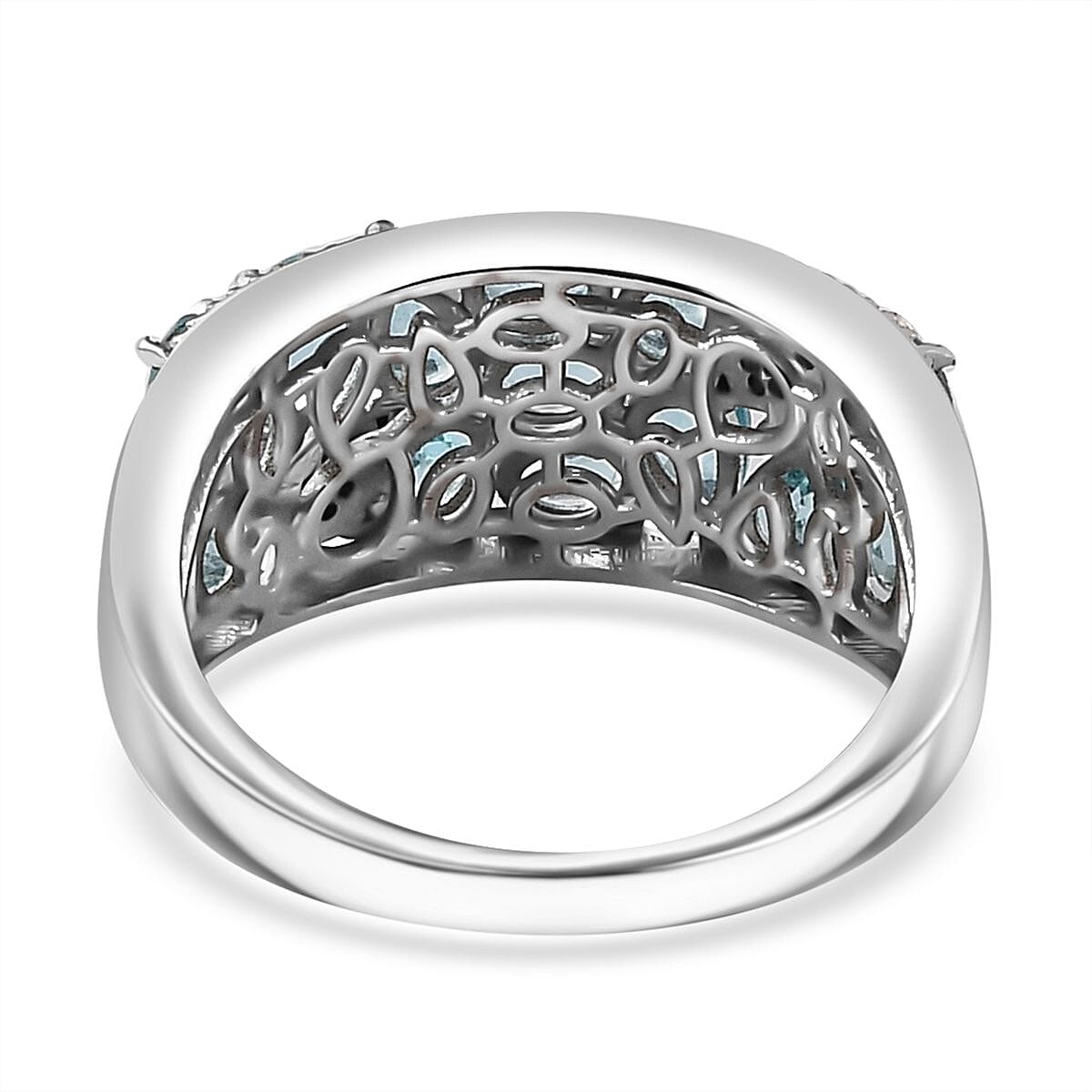 Betroka Blue Apatite and White Zircon Turtle Ring in Rhodium Over Sterling Silver (Size 10.0) 2.80 ctw