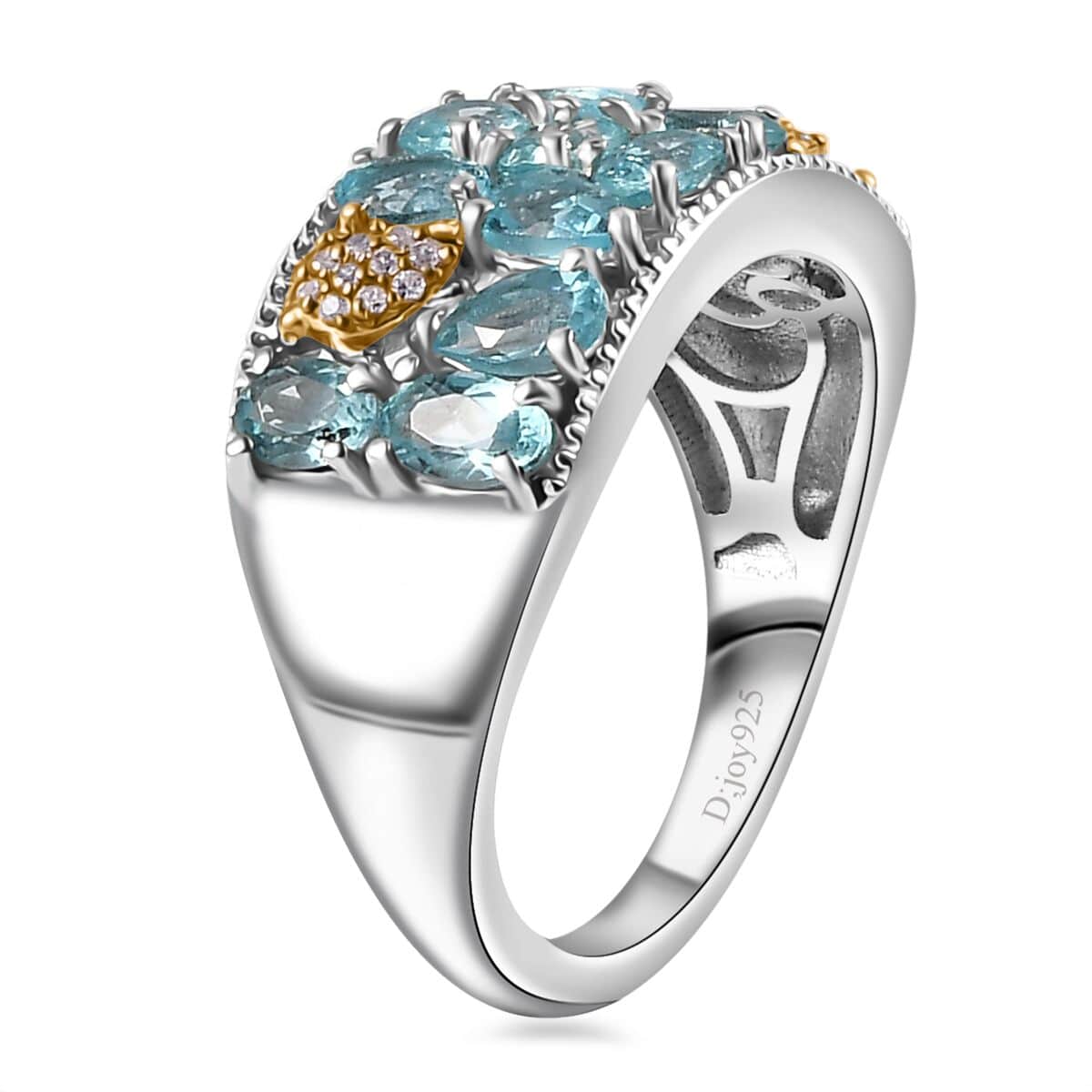 Betroka Blue Apatite and White Zircon Turtle Ring in Rhodium Over Sterling Silver (Size 5.0) 2.80 ctw image number 3