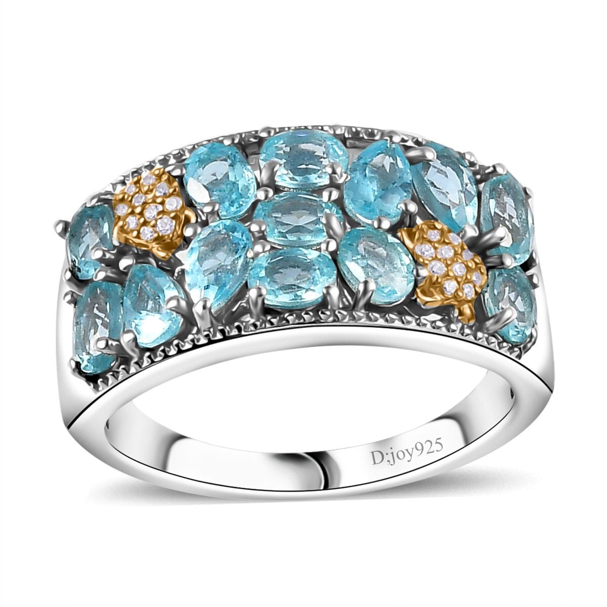 Betroka Blue Apatite and White Zircon Turtle Ring in Rhodium Over Sterling Silver (Size 7.0) 2.80 ctw image number 0