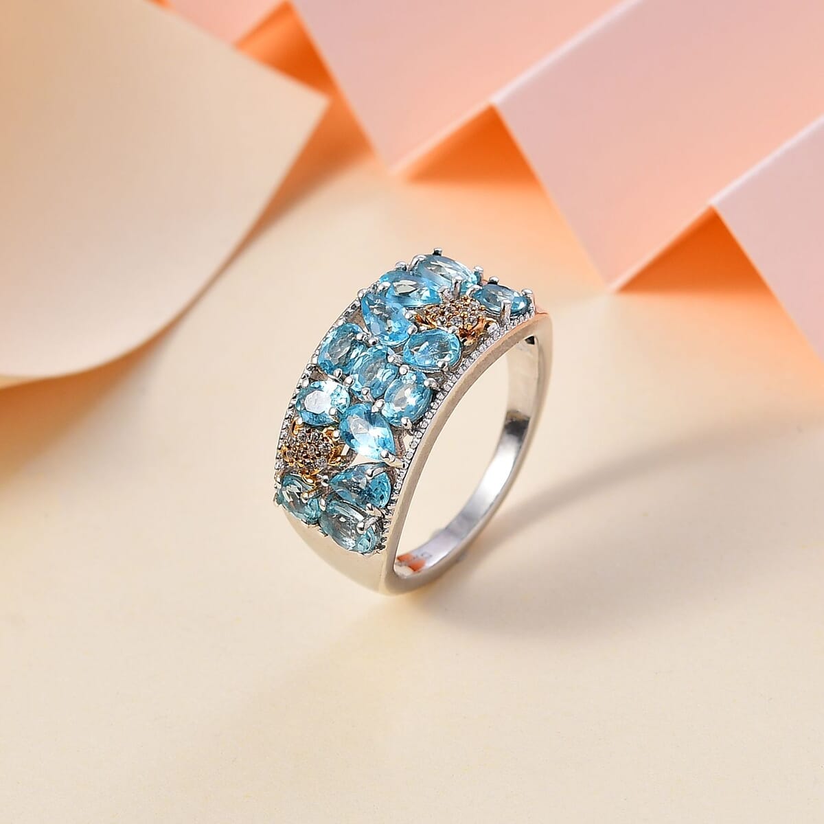 Betroka Blue Apatite and White Zircon Turtle Ring in Rhodium Over Sterling Silver (Size 7.0) 2.80 ctw image number 1