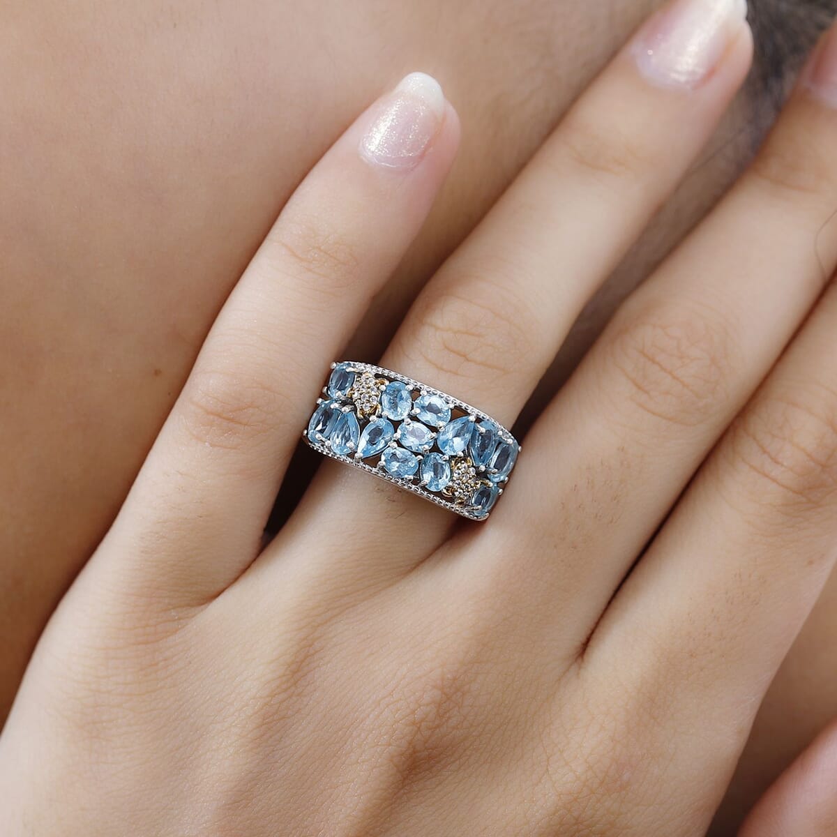 Betroka Blue Apatite and White Zircon Turtle Ring in Rhodium Over Sterling Silver (Size 7.0) 2.80 ctw image number 2