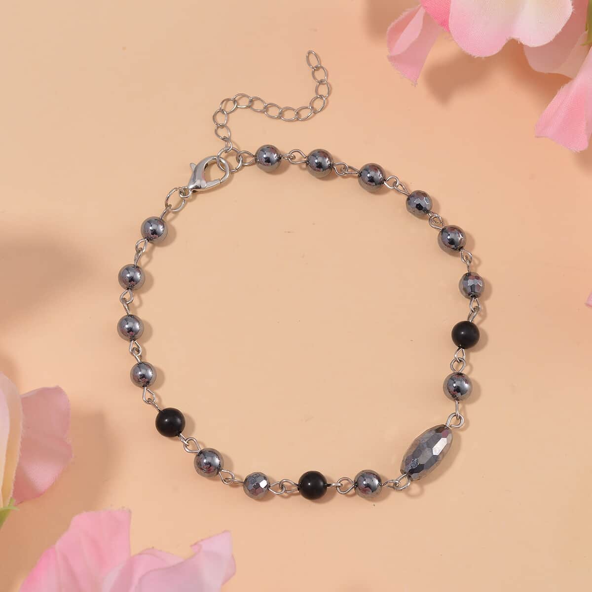 Terahertz, Shungite Beaded Anklet in Silvertone and Stainless Steel (9.50-11.50In) 27.00 ctw image number 1