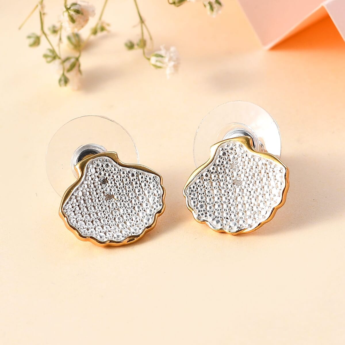 Karis White Diamond Shell Earrings in 18K YG Plated and Platinum Bond image number 1