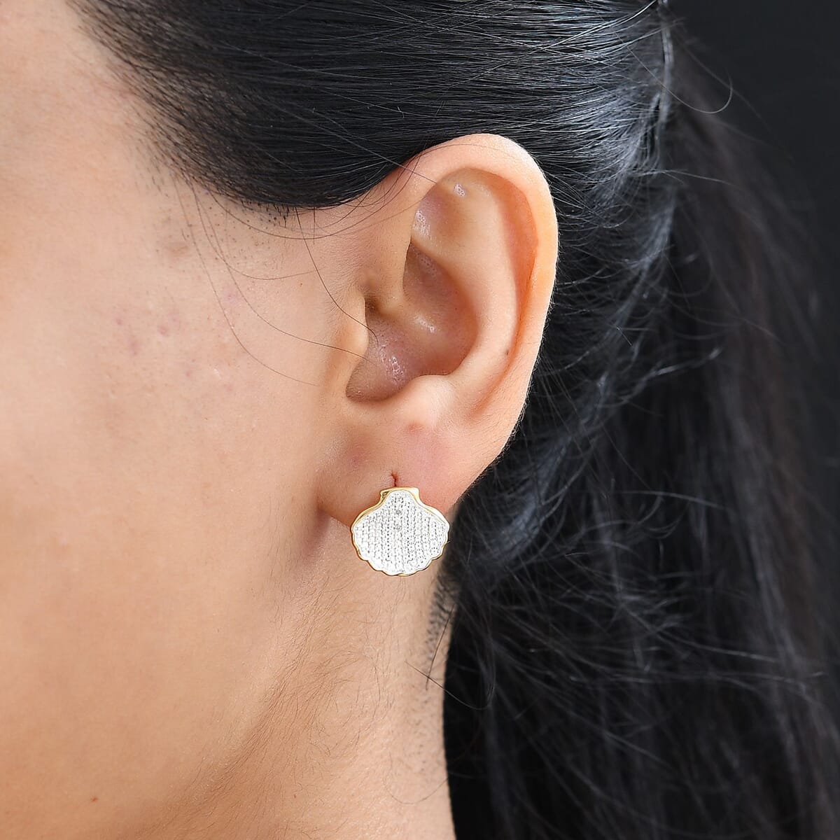 Karis White Diamond Shell Earrings in 18K YG Plated and Platinum Bond image number 2