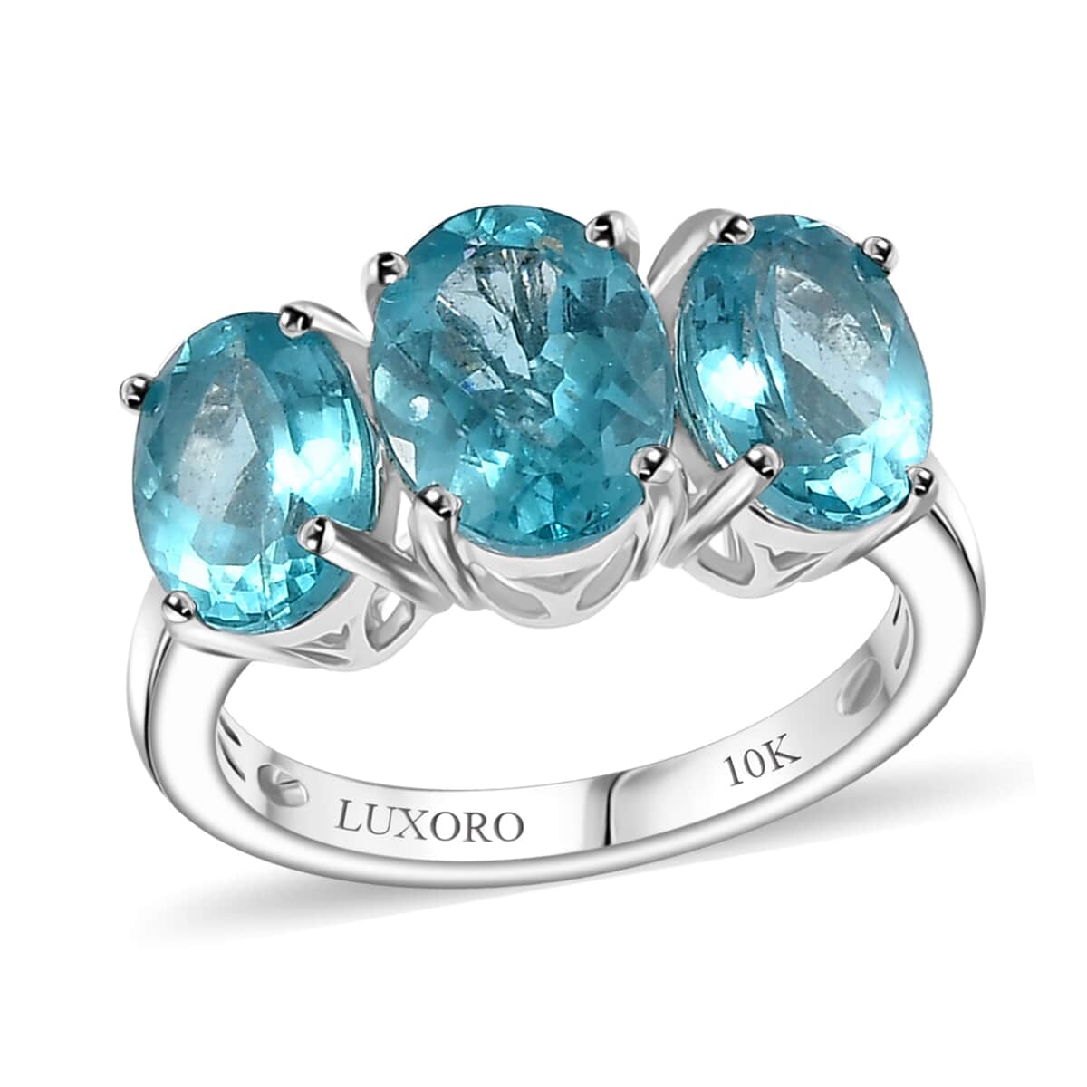 Luxoro 10K White Gold AAA Batroke Blue Apatite 3 Stone Ring (Size 10.0) 4.52 ctw image number 0