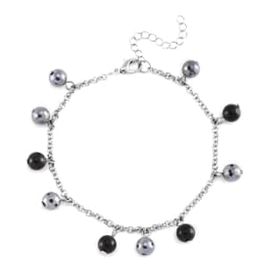 Terahertz and Shungite Beaded Anklet in Silvertone & Stainless Steel (9.50-11.50In) 37.00 ctw