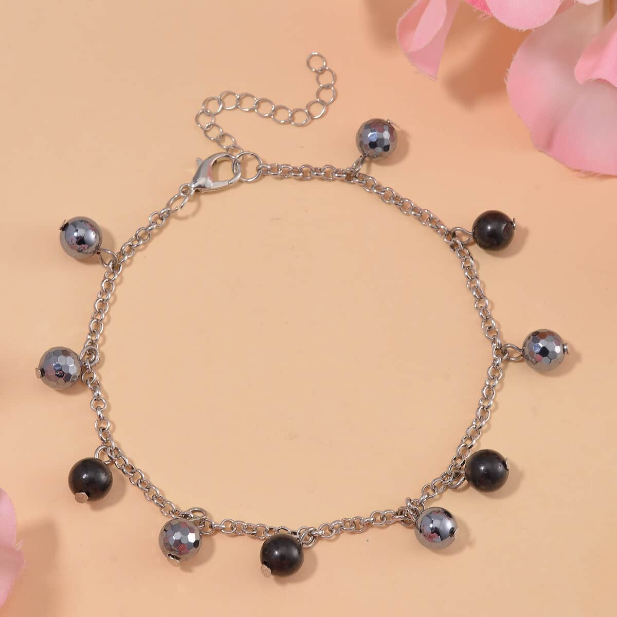 Terahertz and Shungite Beaded Anklet in Silvertone & Stainless Steel (9.50-11.50In) 37.00 ctw image number 1