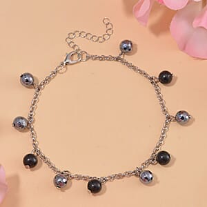 Terahertz and Shungite Beaded Anklet in Silvertone & Stainless Steel (9.50-11.50In) 37.00 ctw