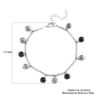 Terahertz and Shungite Beaded Anklet in Silvertone & Stainless Steel (9.50-11.50In) 37.00 ctw
