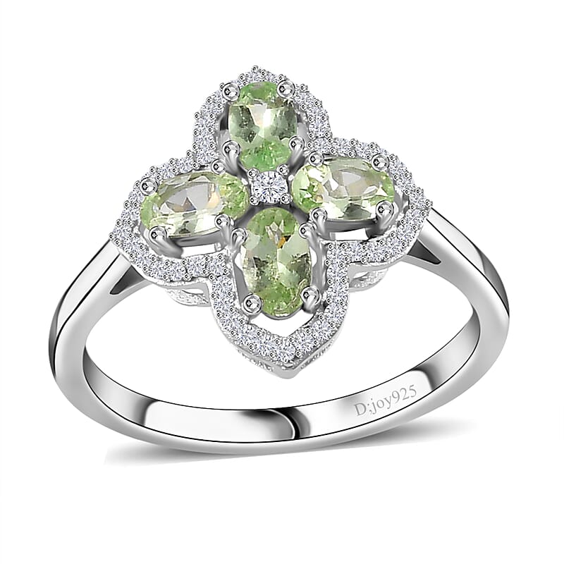 Brazilian Mint Garnet and Moissanite Clover Ring in Rhodium Over Sterling Silver (Size 10.0) 1.20 ctw