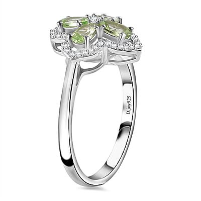Brazilian Mint Garnet and Moissanite Clover Ring in Rhodium Over Sterling Silver (Size 10.0) 1.20 ctw