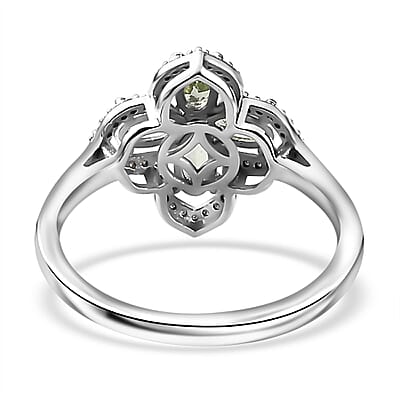 Brazilian Mint Garnet and Moissanite Clover Ring in Rhodium Over Sterling Silver (Size 10.0) 1.20 ctw