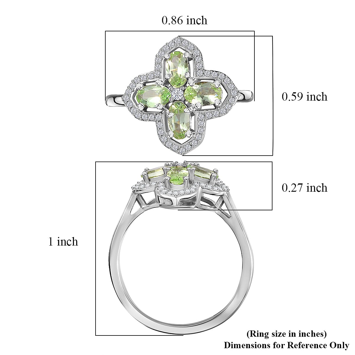 Brazilian Mint Garnet and Moissanite Clover Ring in Rhodium Over Sterling Silver (Size 10.0) 1.20 ctw