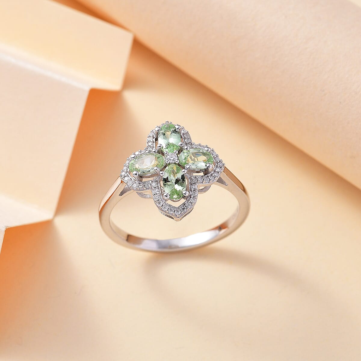 Brazilian Mint Garnet and Moissanite Clover Ring in Rhodium Over Sterling Silver (Size 6.0) 1.20 ctw image number 1