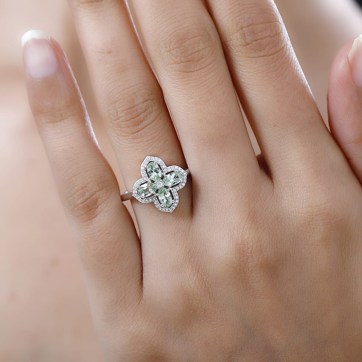Brazilian Mint Garnet and Moissanite Clover Ring in Rhodium Over Sterling Silver (Size 6.0) 1.20 ctw image number 2