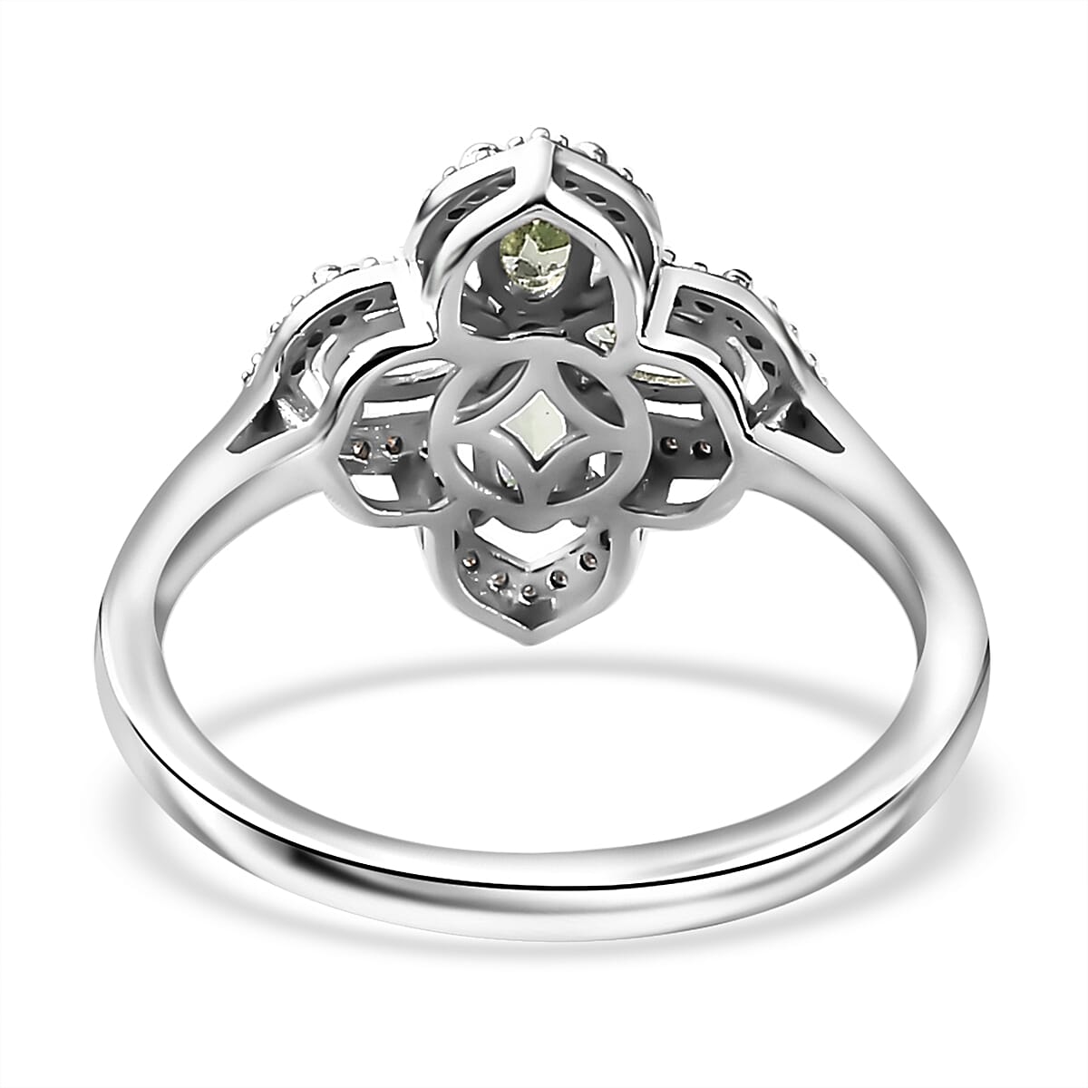 Brazilian Mint Garnet and Moissanite Clover Ring in Rhodium Over Sterling Silver (Size 6.0) 1.20 ctw image number 4