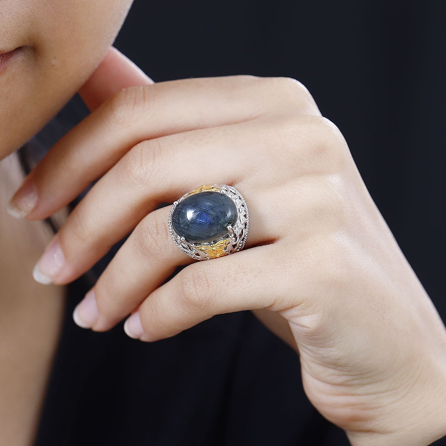 Karis Malagasy Labradorite Solitaire Ring in 18K YG Plated and Platinum Bond (Size 10.0) 12.75 ctw