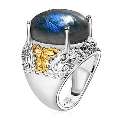 Karis Malagasy Labradorite Solitaire Ring in 18K YG Plated and Platinum Bond (Size 10.0) 12.75 ctw