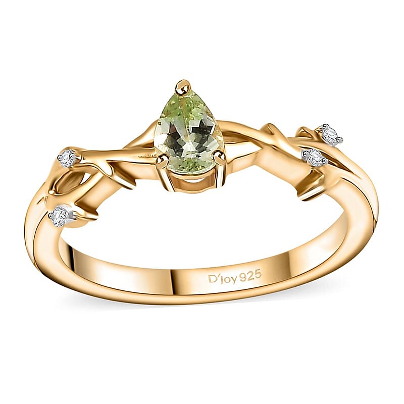 Brazilian Mint Garnet and White Zircon Branch Ring in 18K Vermeil Yellow Gold Over Sterling Silver (Size 10.0) 0.50 ctw